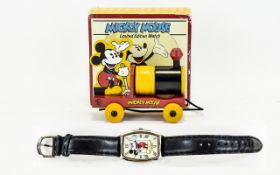Vintage Rare Mickey Mouse Limited Edition Authentic Watch by Fossil and Collectible Wooden Tray