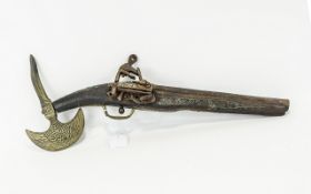 Anglo Indian Decorative Pistol A decorative gun with inlaid brass wire patterning and unusual Axe