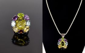 A Stunning and Impressive Solid Silver Multi-Stone Cluster Set Dress Ring and Matching Pendant Drop