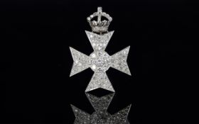 A Fine Quality Platinum Set Diamond Brooch - In The Form of a Maltese Cross with Crown to Top.