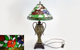 Tiffany Style Large and Impressive Table Lamp with Ornate Open worked Metal Twin Handle Urn Shaped