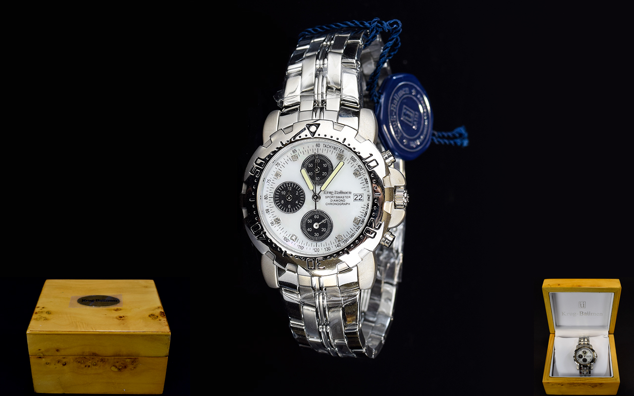 Krug - Baumen Sports Master Diamond Chronograph Quartz Steel Wrist Watch. Model No 2412 69DM.