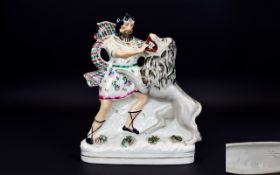 Staffordshire Pottery Scarce Earlier Version 19th Century Figure Group ' Sampson And The Lion '