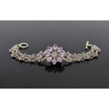 A Nice Quality - Ornate Silver Bracelet Set with Amethysts with Flower head Setting to Centre of
