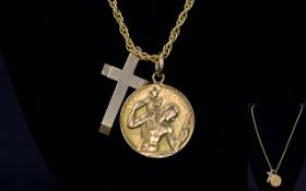 9ct Gold St Christopher Medallion / Pendant, Together with a 9ct Gold Cross.