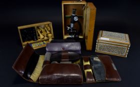 Mixed Lot Comprising Student Microscope In Box, Chess Pieces,