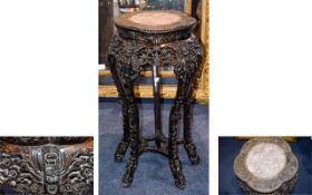 Chinese Hand Carved Rosewood Plant Stand with Marble Inset. c.1860.