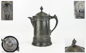 Large 19thC American Rogers & Bro Triple Plate Pitcher, Hinged Top, Engraved And Embossed Decoration