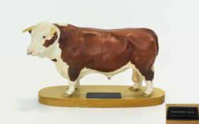 Beswick Farm Animal Figure - Connoisseur Series ' Polled Hereford Bull ' on Wooden Plinth.