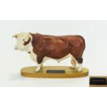 Beswick Farm Animal Figure - Connoisseur Series ' Polled Hereford Bull ' on Wooden Plinth.