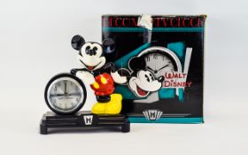 Walt Disney Deco Mickey Mouse Clock In Original Box. Features Mickey Mouse Leaning on a Clock.