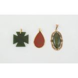 A Collection of 9ct Gold Mounted Stone Set Pendants ( 3 ) In Total. Includes 1/ A Polished Jade