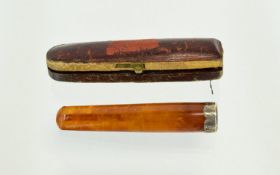 Victorian Period Nice Quality Natural Amber - Silver Banded Cheroot / Cigar Holder.