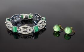 Art Deco Chrome Plated Paste Bracelet, Alternating Green And Paste Links,
