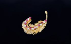 14ct Yellow Gold Ruby and Pearl Set Brooch, In The Form of a Fan From The Dance Hall Days,