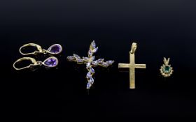 A Small Collection of 9ct Gold Hallmarked Jewellery. Includes 1/ 9ct Gold Cross Set with Amethysts.