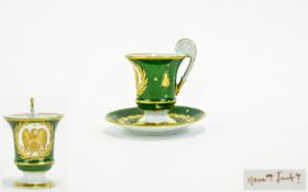 French First Empire 1804 - 1815 Period - Fine Quality Green Porcelain Cup and Saucer with Gold