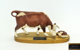 Beswick Farm Animal Figure Group Connoisseur Series Hereford Cow and Calf, on a Wooden Plinth.