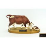 Beswick Farm Animal Figure Group Connoisseur Series Hereford Cow and Calf, on a Wooden Plinth.