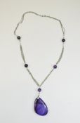 Large Purple Agate Pendant Necklace, a three strand long chain set with two pairs of round cut