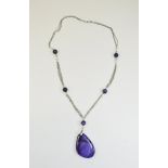 Large Purple Agate Pendant Necklace, a three strand long chain set with two pairs of round cut