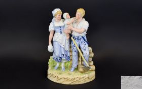 Heubach - German Late 19th Century - Very Fine Quality Bisque Figure - Young Couple with Baby,