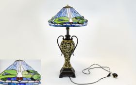 Tiffany Style Large and Impressive Table Lamp with Ornate Open worked Metal Twin Handle Urn Shaped