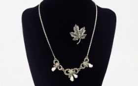 1920's Marcasite And Faux Pearl Necklace 18 inches in length with attractive marcasite set swag