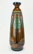 Belgian Majolica Tall Vase decorated with sgraffito stylized trees in a band around the body,