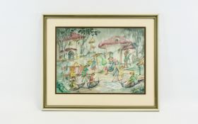 Illustration Interest Original Watercolour By Patience Arnold 1901 - 1922 'Fairies In Rainstorm'
