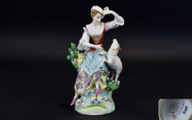 Dresden Late 19th Century Hand Painted Porcelain Figurine ' Young Lady Seated with Young Lamb '