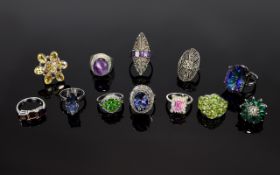 A Good Collection of Stone Set Silver Hallmarked Dress Rings ( 12 ) Twelve In Total.