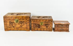 Two Mini Wooden Camphor Chests with carved decoration.