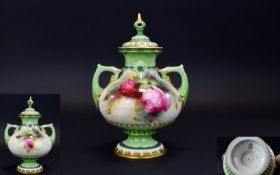 Royal Worcester Hadleys Hand painted Persian Style Twin Handle Lidded Vase 'Roses' still life,
