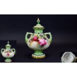 Royal Worcester Hadleys Hand painted Persian Style Twin Handle Lidded Vase 'Roses' still life,