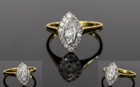 Antique Ladies 18ct Gold and Platinum Set Diamond Ring, Set with Over 18 Diamonds of Good Colour.