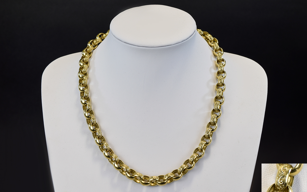 A Good Quality Gents Heavy 9ct Gold Engraved Belcher Chain,