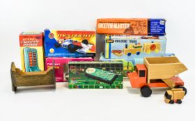 Mixed Lot Of Toys Comprising Wooden Truck, Peter Pan Chocolate Machine, KDN Tinplate Tractor,