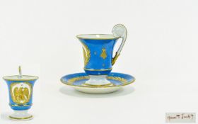 French First Empire 1804 / 1815 Period - Fine Quality Blue Porcelain Cup and Saucer with Gold