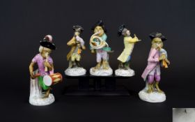 A Fine Collection of Various 19th Century Hand Painted Porcelain Monkey Band Figures ( 5 ) In Total.