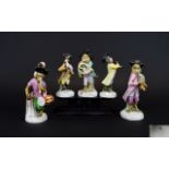 A Fine Collection of Various 19th Century Hand Painted Porcelain Monkey Band Figures ( 5 ) In Total.