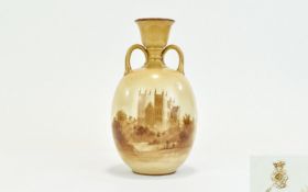 Royal Doulton - Signed Twin Handle Globular Shaped Vase ' Ripon Cathedral ' Signed Hammersley.