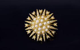 Victorian Period - Fine Quality 15ct Gold Star Burst Designed Brooch Set with Seed Pearls.