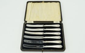 Set of 6 Silver Handled Butter Knives. Boxed.