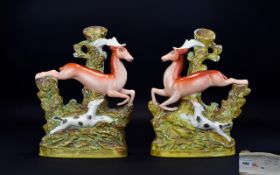 Staffordshire Pottery 19th Century Fine Pair of Figural Large Spill Vases In The Form of a Leaping