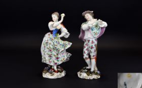 Volkstedt - Late 19th Century Fine Pair of Hand Painted Porcelain Figurines of a Male Musician and