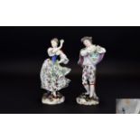 Volkstedt - Late 19th Century Fine Pair of Hand Painted Porcelain Figurines of a Male Musician and