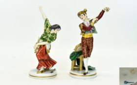Passau - German Early 1930's Pair of Hand Painted Porcelain Figures of Spanish Flamenco Dancers In