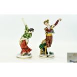Passau - German Early 1930's Pair of Hand Painted Porcelain Figures of Spanish Flamenco Dancers In