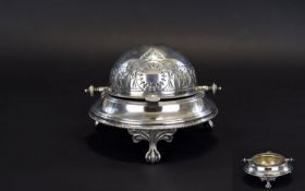 Victorian Period Fine Quality Silver Plated Dome Shaped Swivel Lidded Butter Dish of Circular Form,